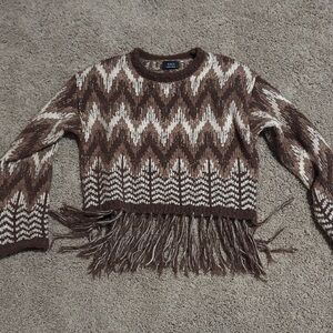 Vici Zigzag Fringe Sweater in Brown and Cream